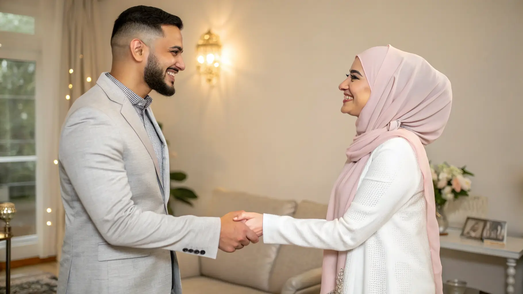 رجل وامرأة مسلمة يتبادلان التحية في بداية تعارف شرعي بنية الزواج الحلال