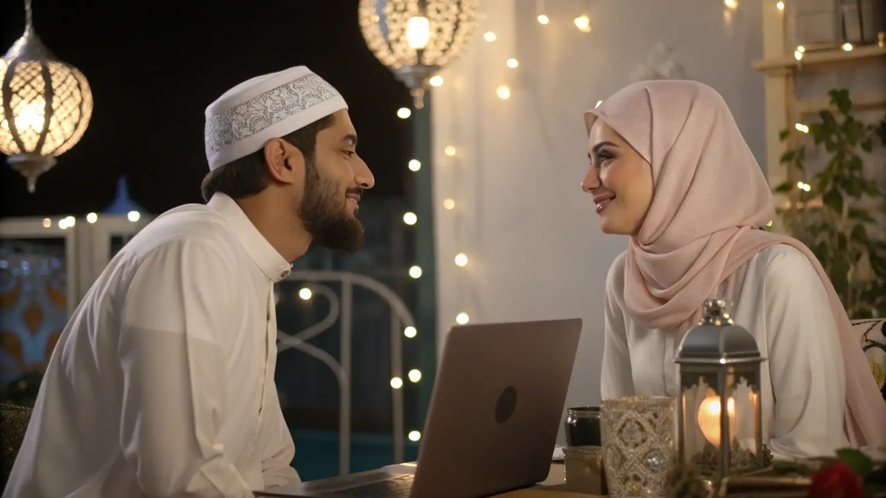 شاب وفتاة مسلمين يتصفحان مواقع تعارف وزواج شرعي عبر الإنترنت