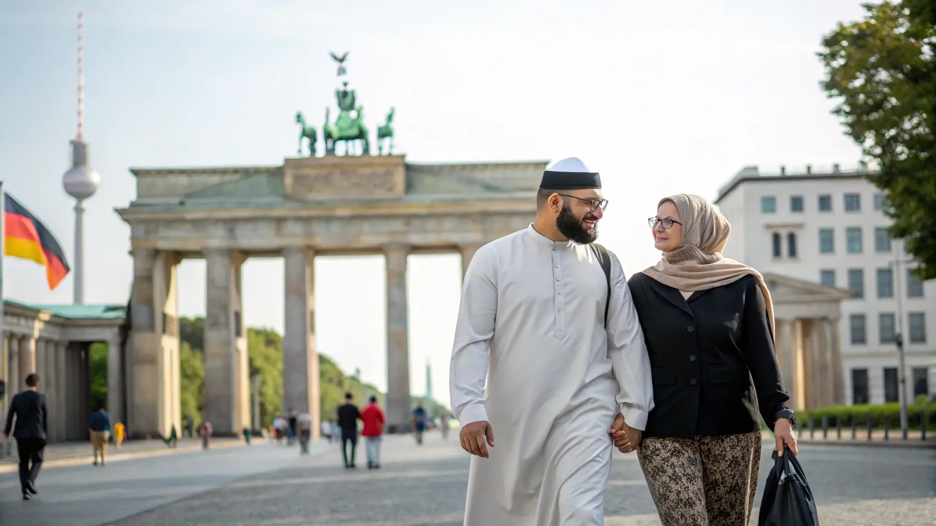 شاب مسلم عربي وفتاة ألمانية مسلمة محجبة يسيران في أحد شوارع برلين على نية الزواج الحلال