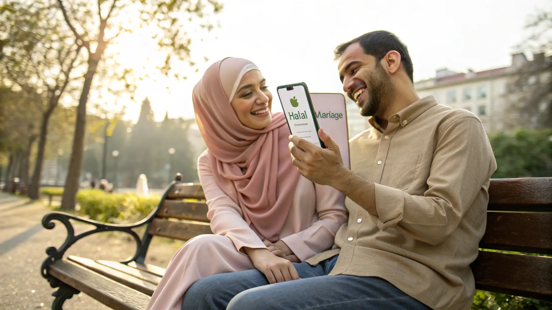 شاب وفتاة عربيان يتعارفان عبر تطبيق زواج حلال في أوروبا – صورة تعبر عن الحب الشرعي والاحترام في بيئة غربية.