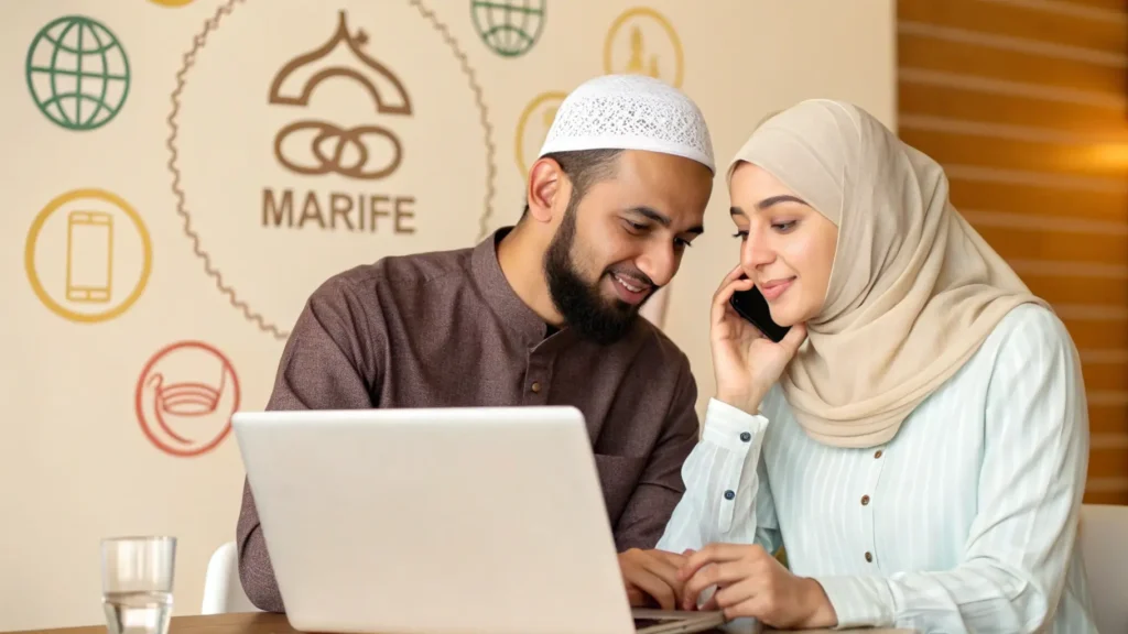 شاب مسلم وفتاة محجبة يتواصلان عبر الإنترنت من خلال موقع زواج مجاني، في بيئة آمنة ومحترمة.