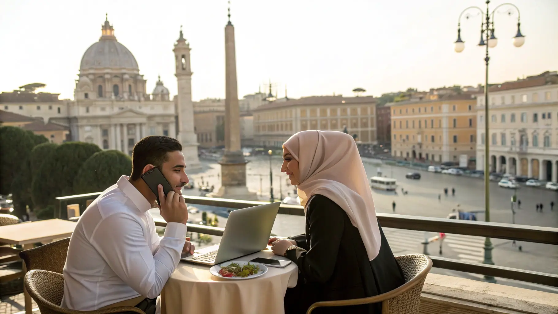 رجل مسلم وامرأة محجبة يتحدثان عبر تطبيق زواج في مقهى إيطالي أنيق مع خلفية لمعالم روما وميلانو.