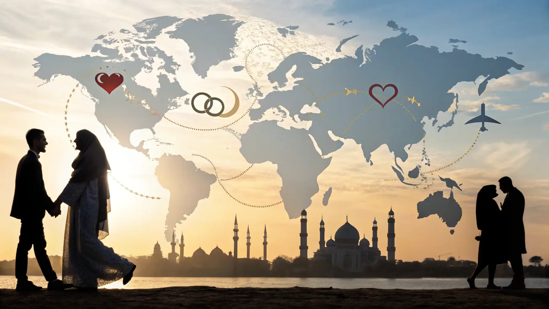 أفضل 10 دول للزواج الشرعي في 2025 – خريطة العالم مع رموز الزواج الإسلامي، تظهر شبابًا وفتيات مسلمين يبحثون عن شريك حياة في دول مثل ألمانيا، كندا، السعودية وتركيا، مع طابع إسلامي أنيق.