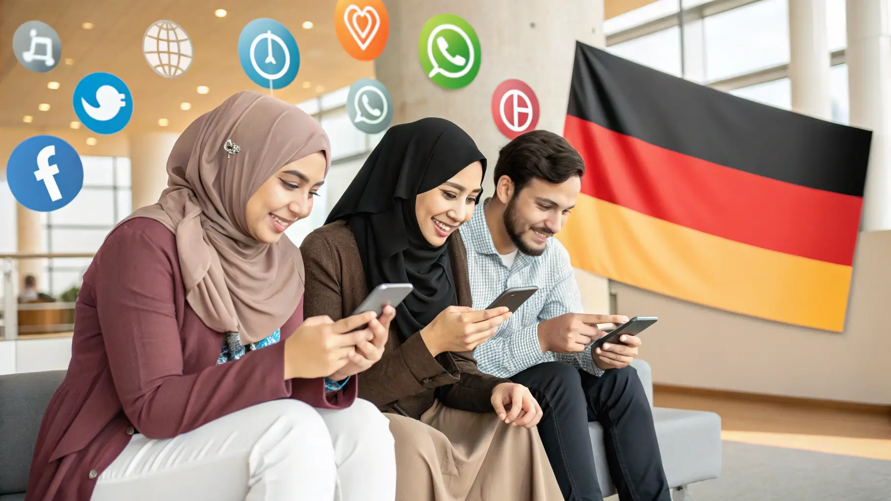 شباب وفتيات مسلمين يستخدمون تطبيقات الزواج الشرعي على هواتفهم في بيئة عصرية آمنة.