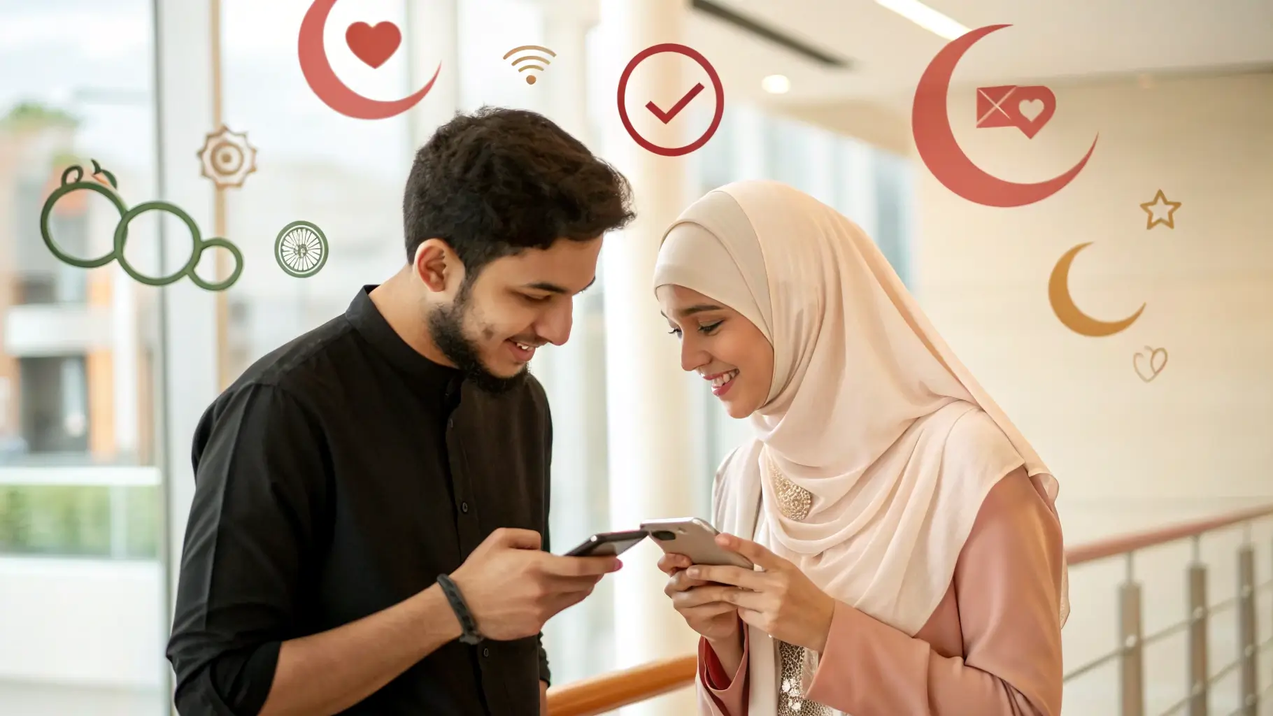 شاب مسلم وفتاة محجبة يتواصلان عبر تطبيق تعارف للزواج الشرعي، مع رموز تطبيقات زواج إسلامي في الخلفية.