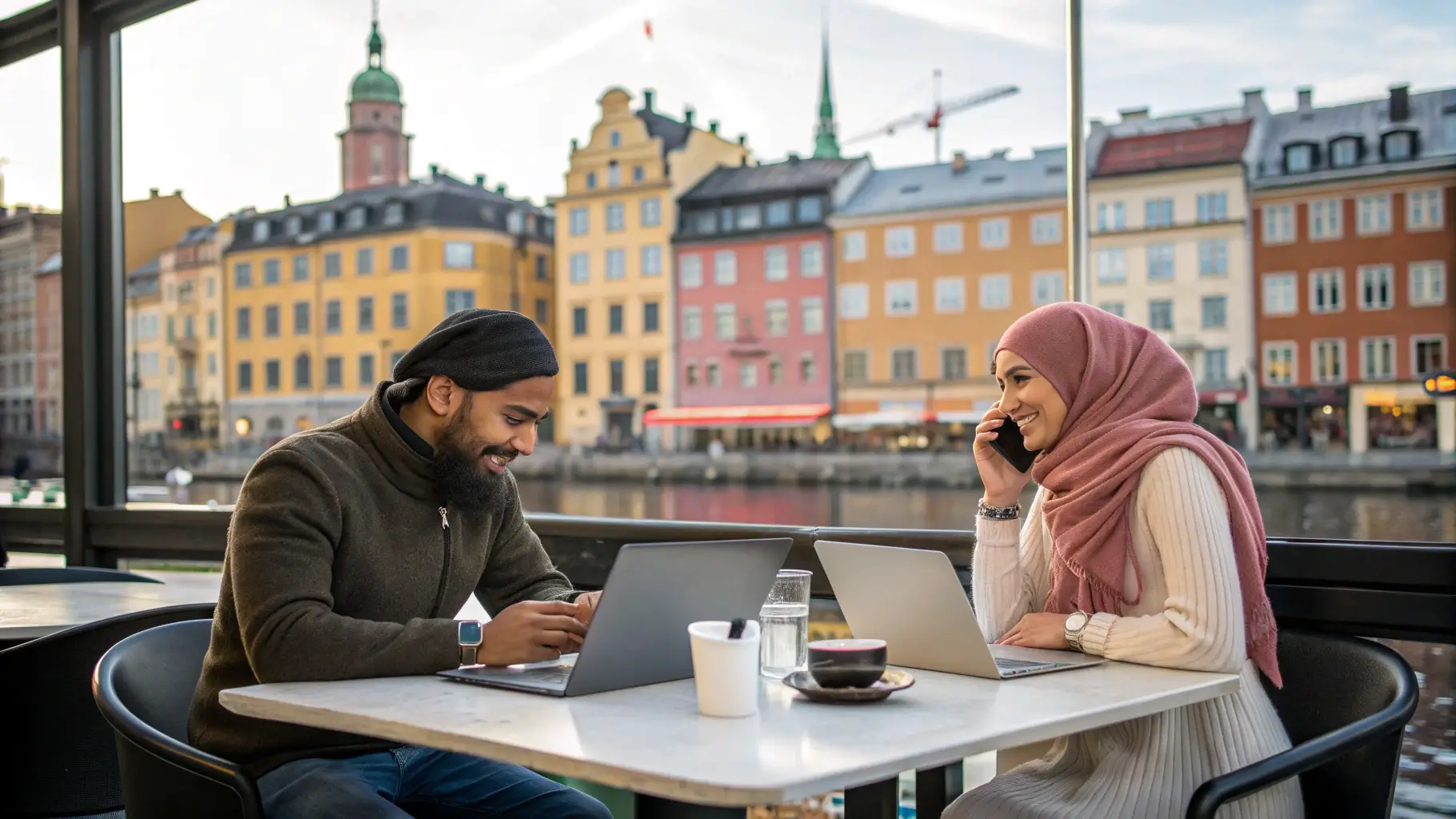 رجل مسلم وامرأة محجبة يتحدثان عبر تطبيق زواج في مقهى أوروبي عصري، مع خلفية تعكس معالم السويد والنرويج.
