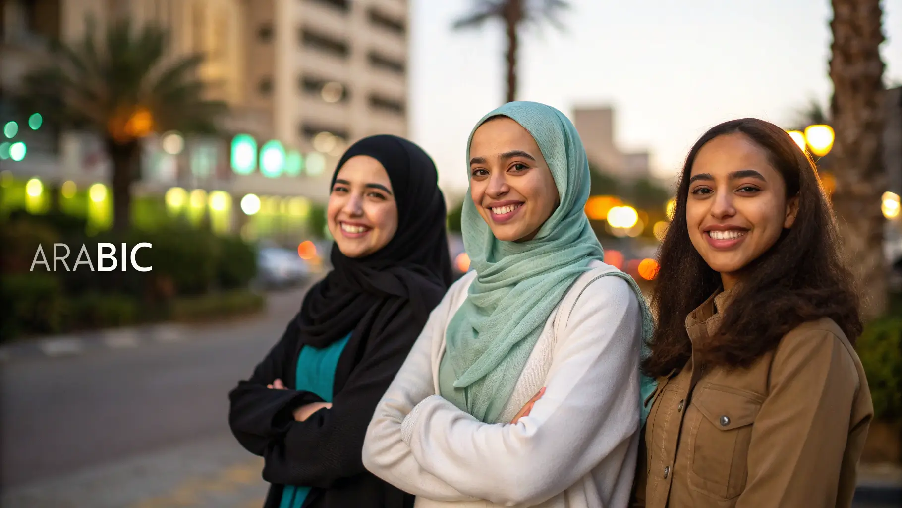 ثلاث فتيات عربيات بملابس محتشمة يبتسمن بثقة؛ لقطة نصفية بإضاءة طبيعية وخلفية حضرية ضبابية، مع فراغ لعنوان عربي على اليمين.