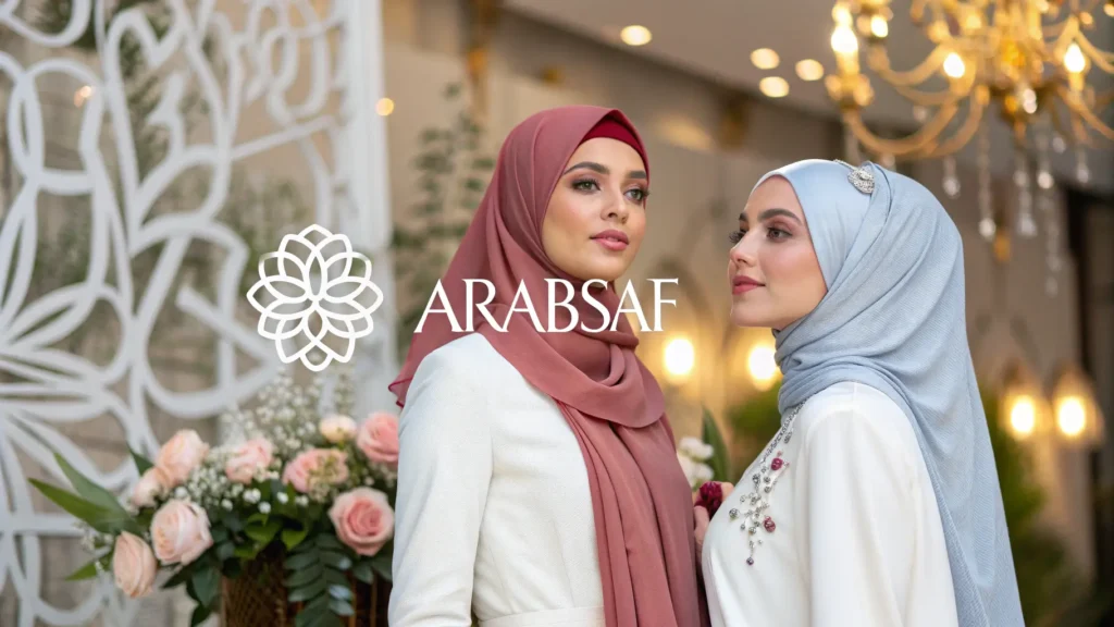 غلاف لموقع أراب ساف يعرض مجموعة من الشابات العربيات المحجبات بحجابات عصرية وأزياء أنيقة، في أجواء هادئة راقية مع أنماط إسلامية تجريدية وخلفية خضراء ناعمة، يعكس الجدية والاحترام والزواج الحلال.