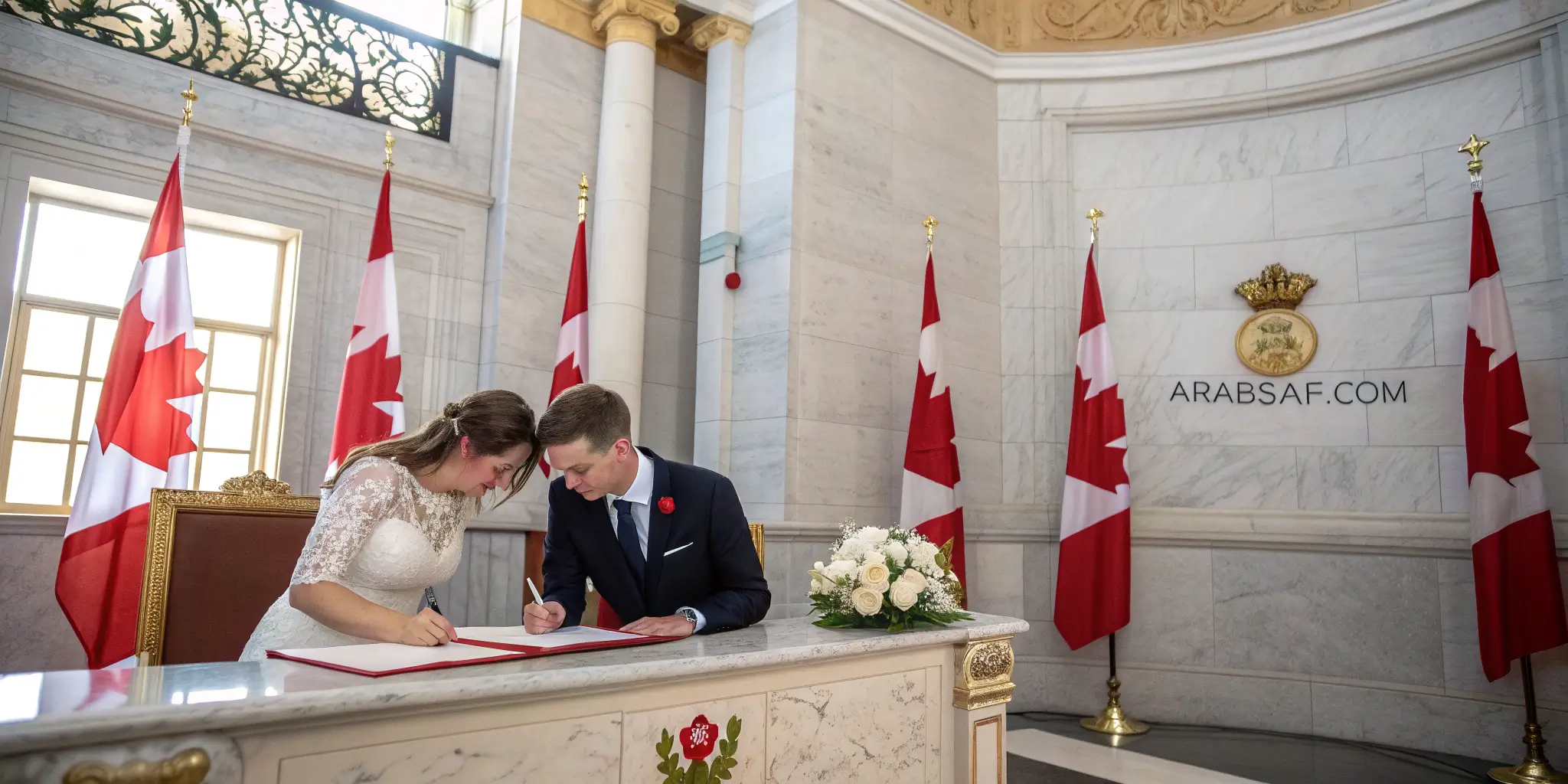 Civil marriage ceremony in Canada 2026 – bride and groom signing official documents in government hall
