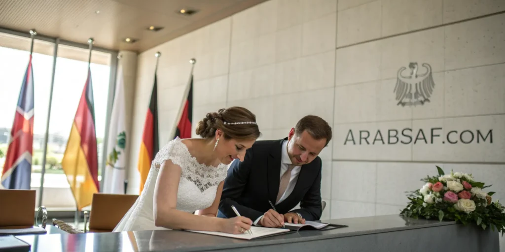 Serious marriage platforms in Europe 2026 couple signing civil wedding documents in European city hall