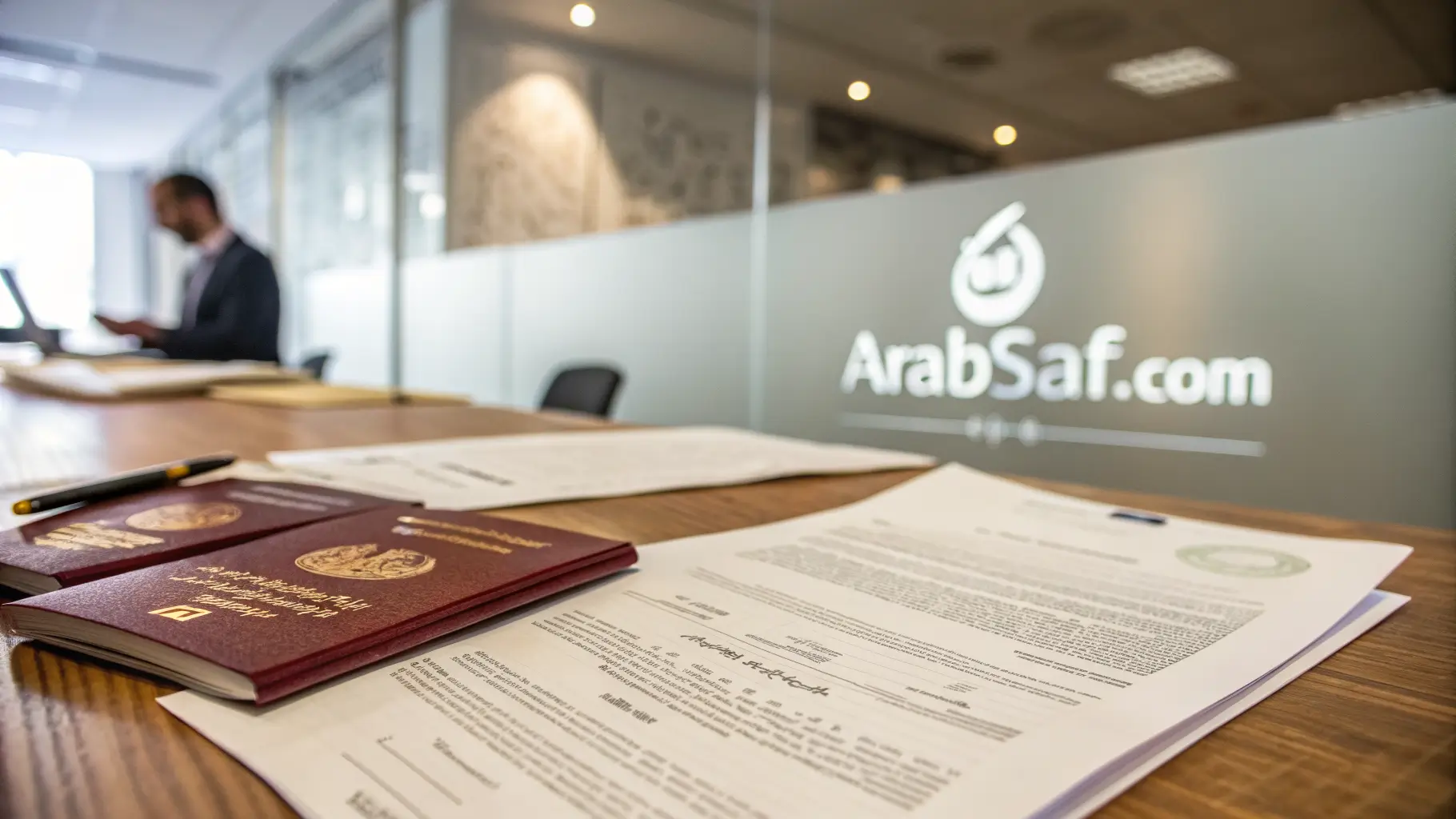 الزواج والهجرة إلى أوروبا 2026 – زوجان عربيان أمام مبنى أوروبي رسمي مع وثائق زواج وشعار ARABSAF.COM