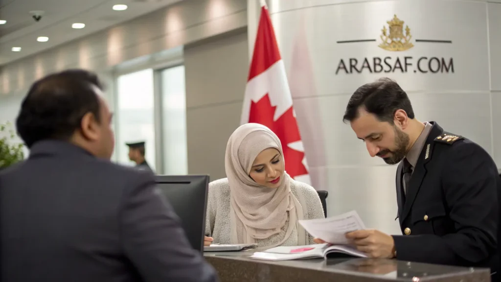 أفضل طرق الهجرة إلى كندا في 2026 – جلسة رسمية داخل مكتب حكومي كندي مع علم كندا وشعار ARABSAF.COM