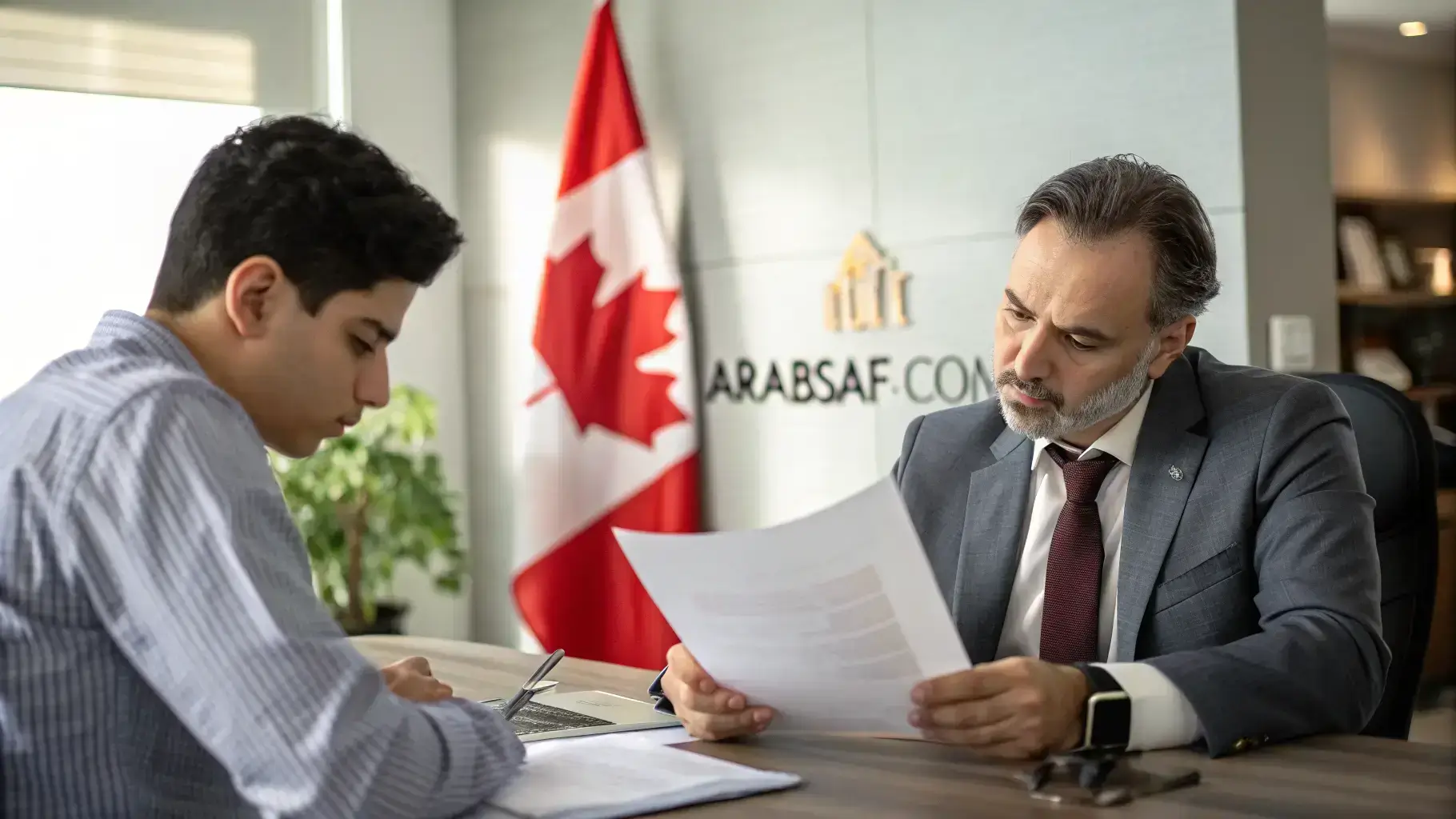 العمل في كندا 2026 شاب عربي في مقابلة عمل داخل شركة كندية - ARABSAF.COM