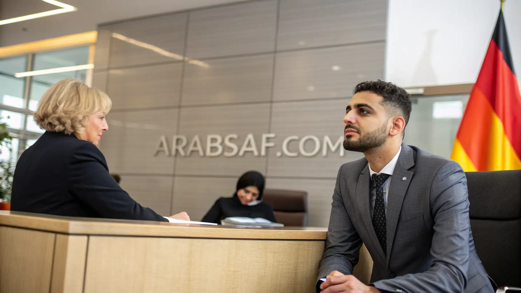 مقابلة لم الشمل في السفارة الألمانية 2026 – شاب أنيق مع زوجته أمام مسؤول ألماني داخل مكتب حكومي مع علم ألمانيا وشعار ARABSAF.COM