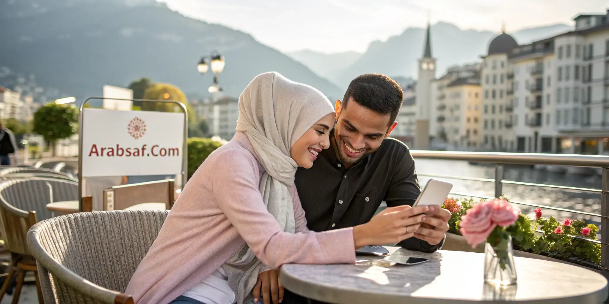 Arab couple using dating app in Switzerland
