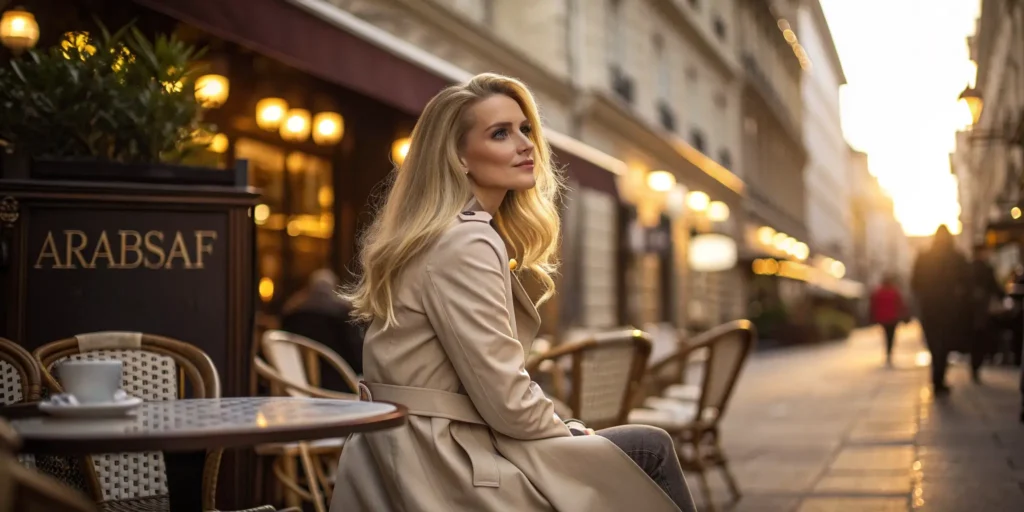 فتاة أوروبية أنيقة تجلس في مقهى بانتظار لقاء بعد التعارف عبر موقع Arabsaf للزواج