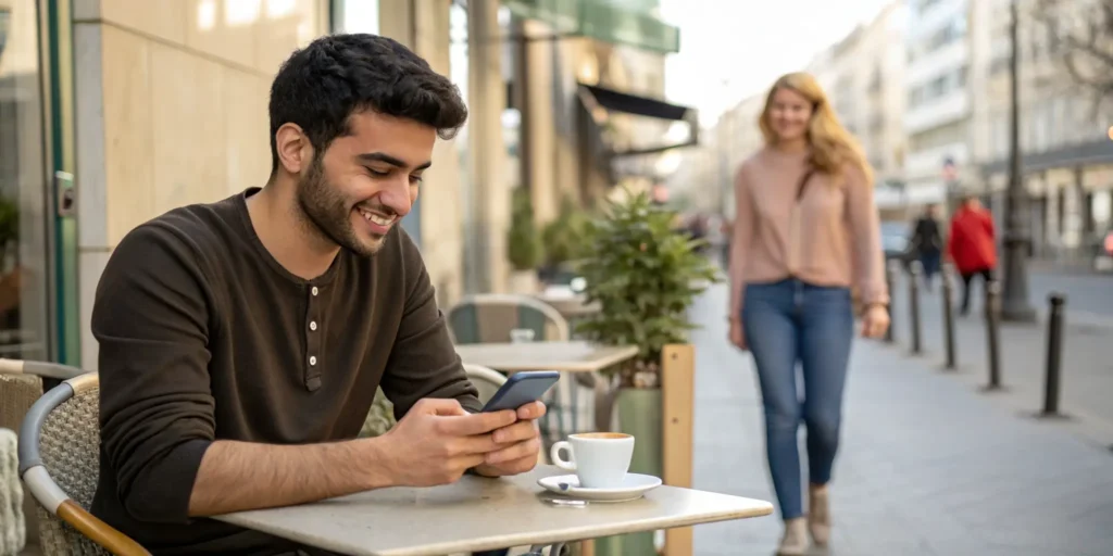 Plenty of Fish dating app first meeting moment Arab man waiting European woman 2026