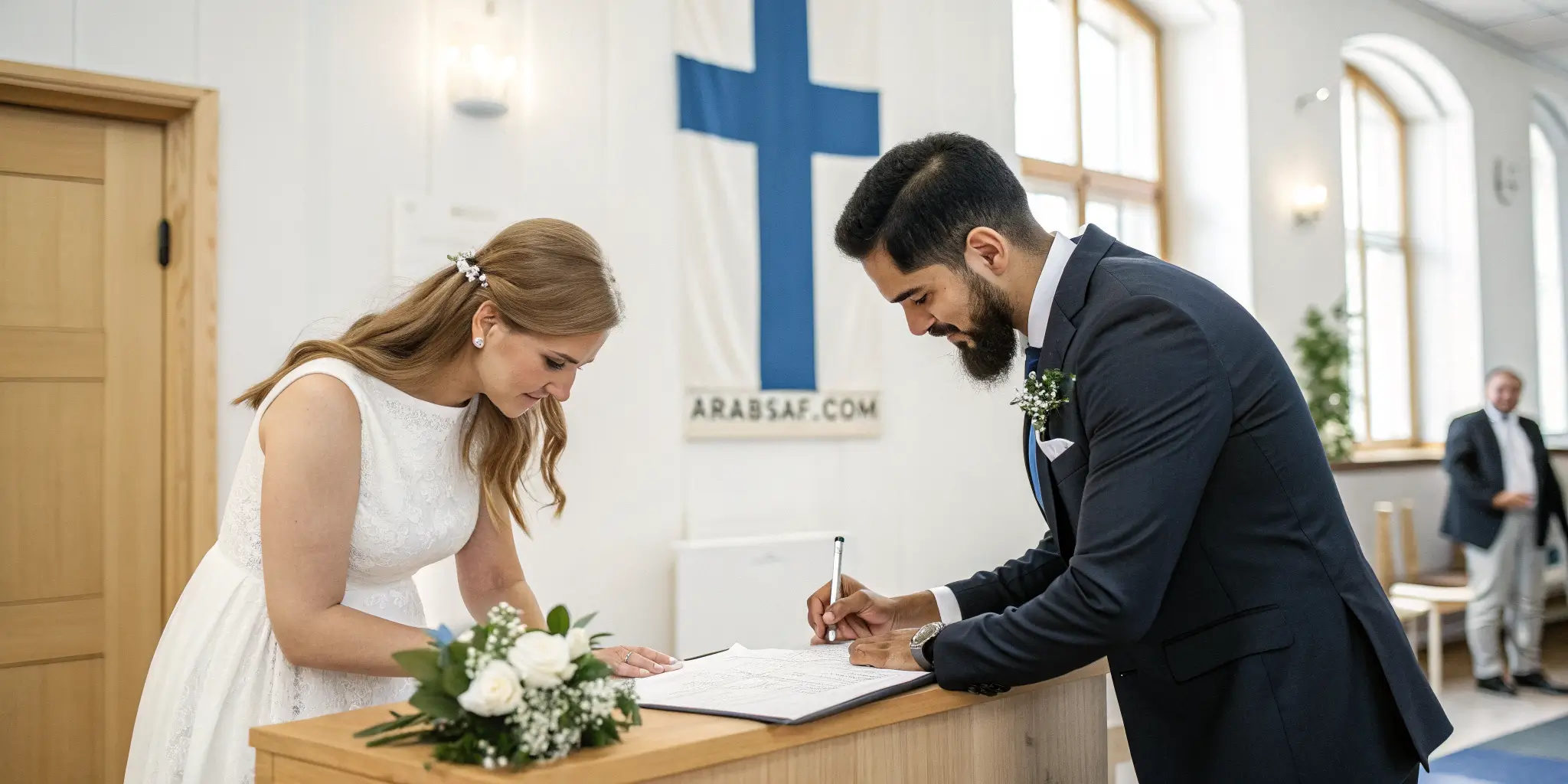 الزواج من فنلندية مسلمة 2026 في مكتب تسجيل مدني في فنلندا مع خلفية رسمية أوروبية