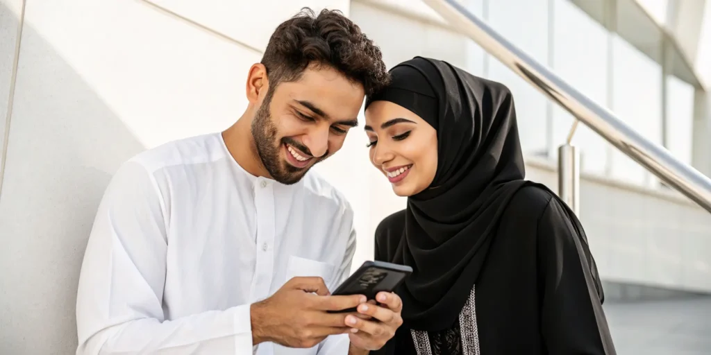 modern muslim couple using a mobile app for halal dating and marriage on a free arab marriage platform without subscription