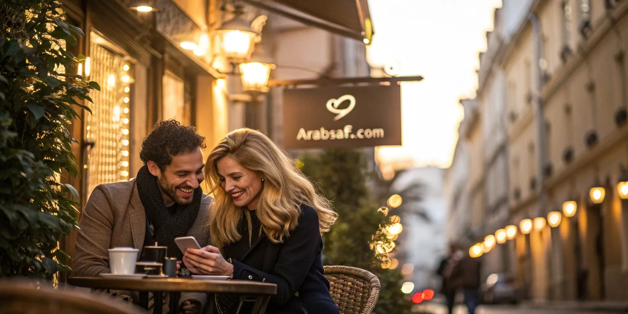 رجل عربي وامرأة أوروبية يتعارفان في مقهى بعد التعارف عبر مواقع الزواج المجانية في 2026