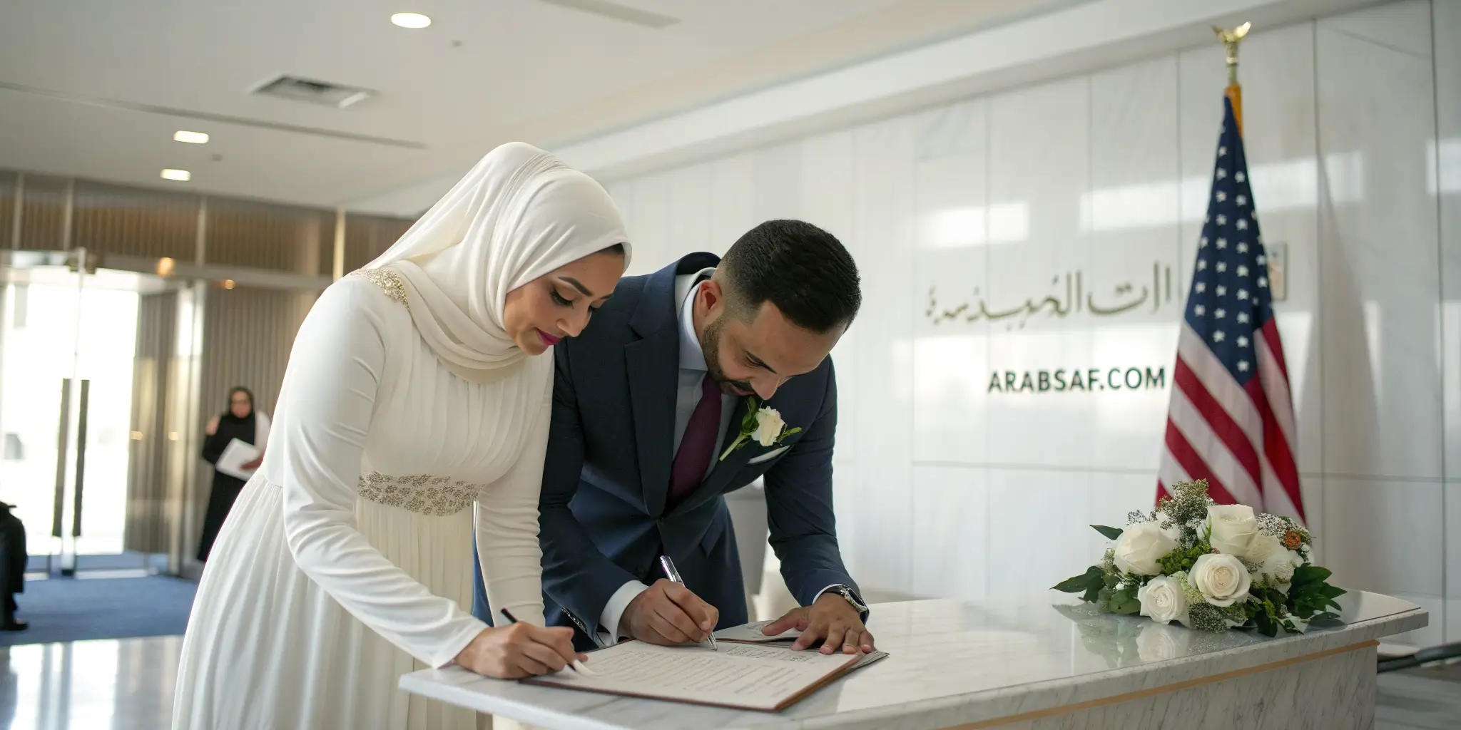 Muslim civil wedding in the United States 2026 bride and groom signing official marriage documents
