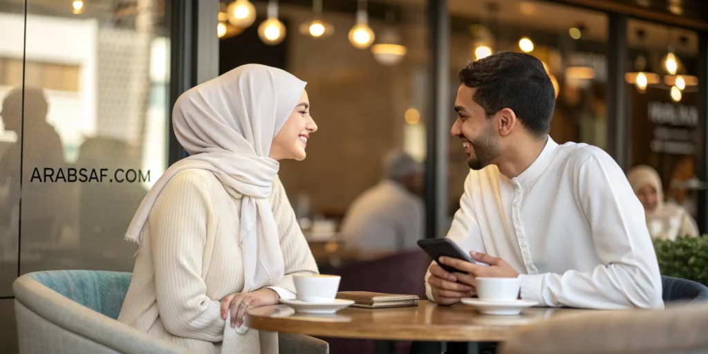 رجل وامرأة يتعارفان عبر الإنترنت بهدف الزواج الشرعي باستخدام موقع زواج عربي مجاني