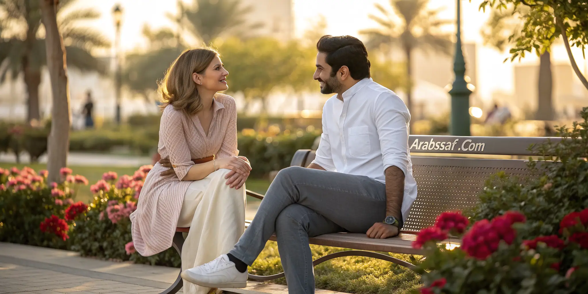 رجل عربي يلتقي فتاة جميلة في حديقة راقية بعد التعارف عبر أفضل موقع زواج شرعي للعرب
