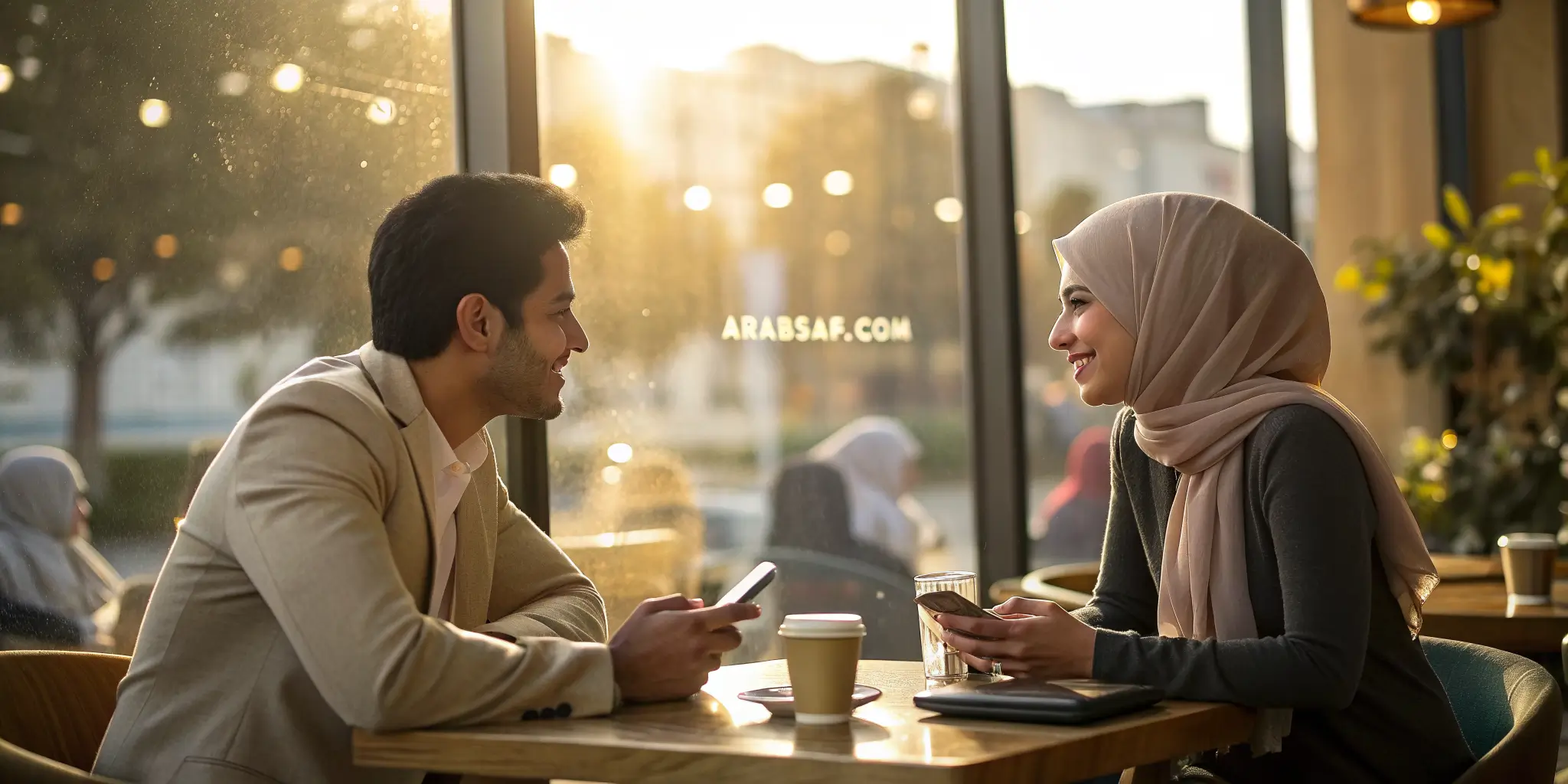 رجل وامرأة يتعارفان في لقاء حقيقي بعد التعارف عبر موقع زواج مجاني بدون اشتراك