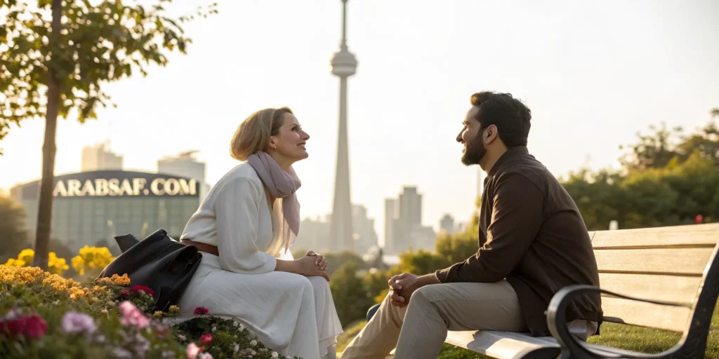 رجل عربي يلتقي فتاة كندية لأول مرة في تورونتو أمام علم كندا ضمن رحلة الزواج من كندا