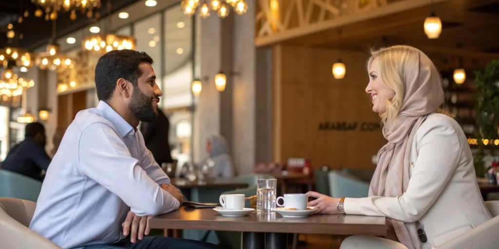 رجل عربي يتحدث مع فتاة محجبة عبر موقع تعارف للزواج الشرعي