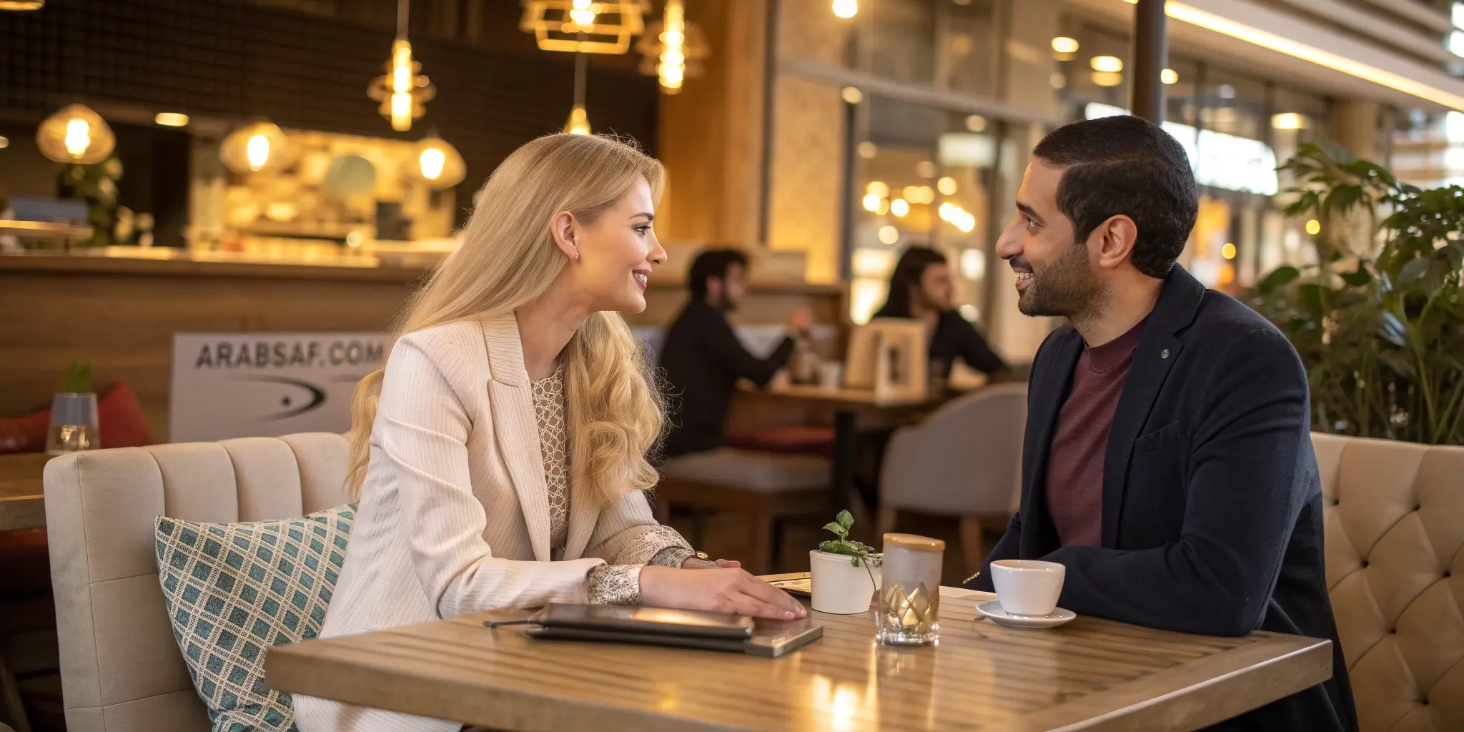 رجل عربي يلتقي فتاة في مقهى بعد التعارف عبر مواقع الزواج الشرعي