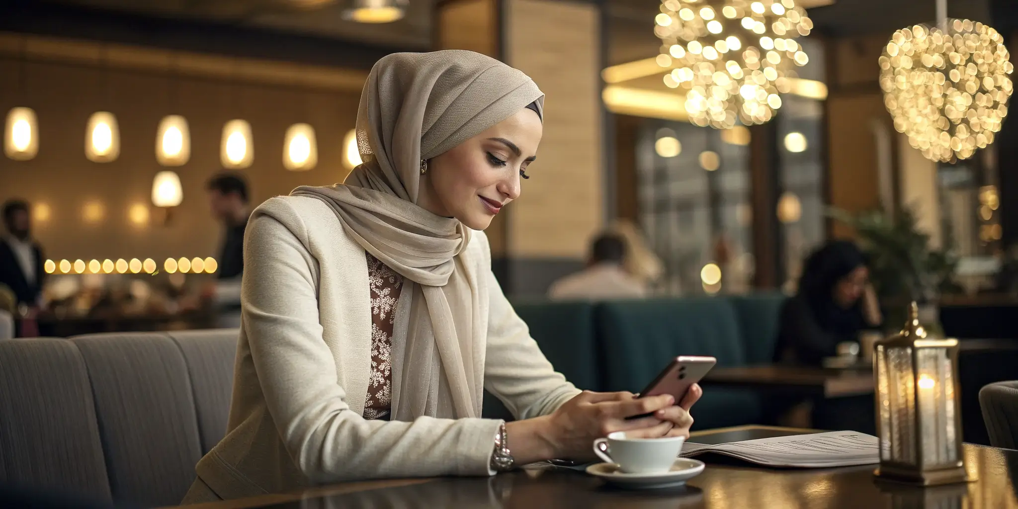 امرأة كندية جميلة محجبة في مقهى أنيق تستخدم هاتفها – زواج من كندية عبر الإنترنت