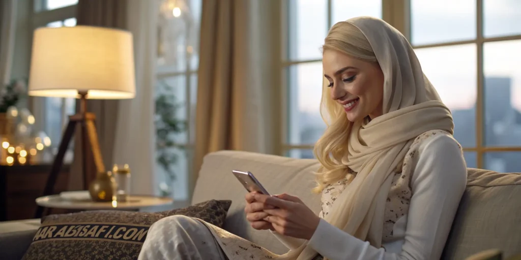 فتاة أوروبية مسلمة جميلة تستخدم الهاتف في منزل فاخر تبحث عن الزواج الشرعي في أوروبا