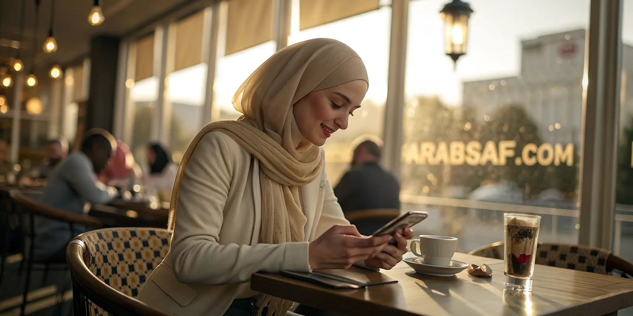 امرأة أوروبية مسلمة جميلة في مقهى بألمانيا تنظر إلى هاتفها – البحث عن زوجة عربية في ألمانيا