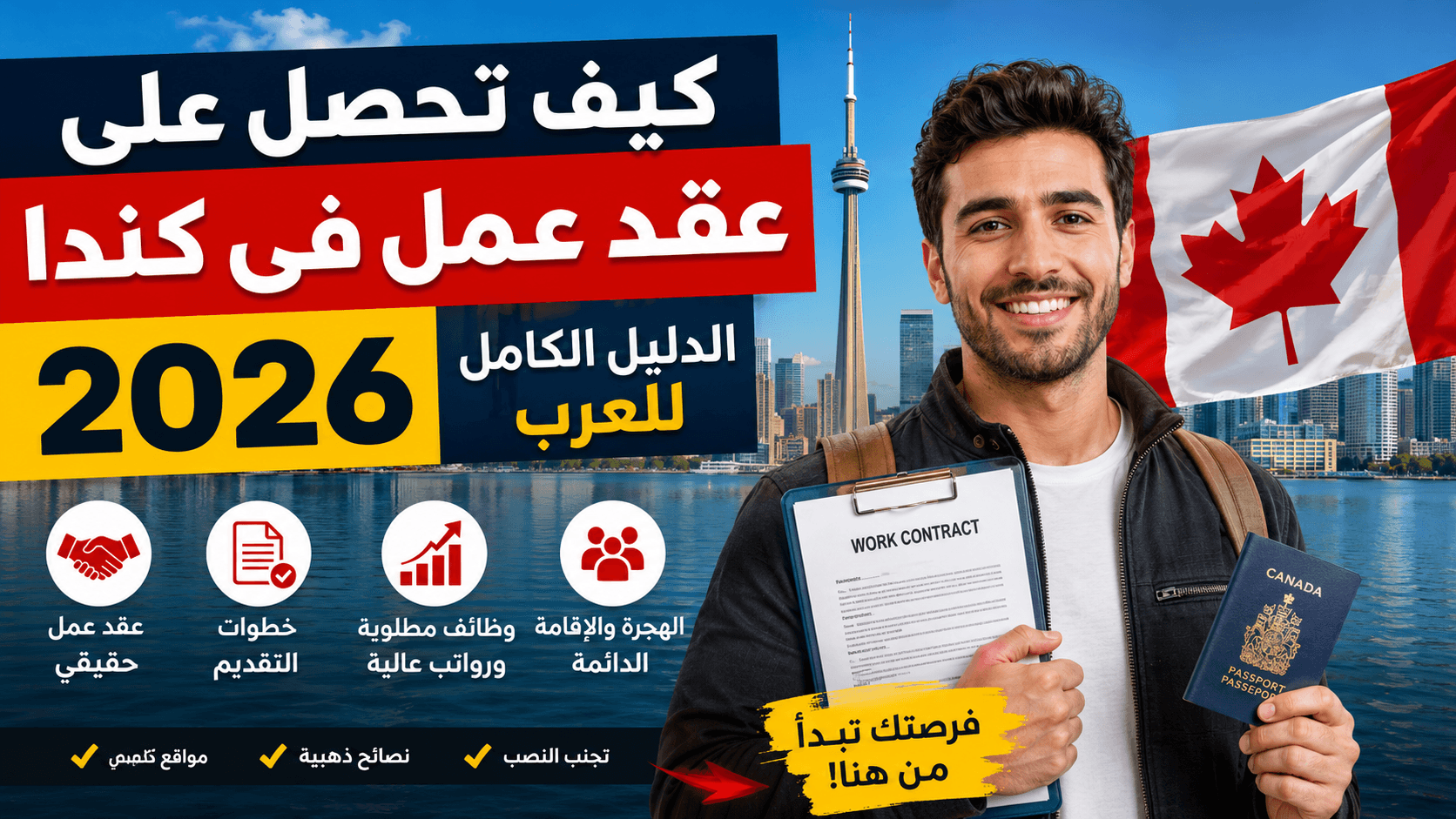 كيف تحصل على عقد عمل في كندا 2026 للعرب مع علم كندا وعقد عمل رسمي