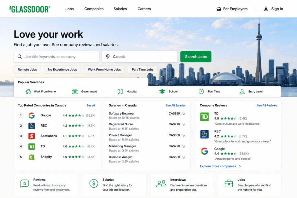 Glassdoor Canada موقع وظائف ورواتب الشركات في كندا 2026