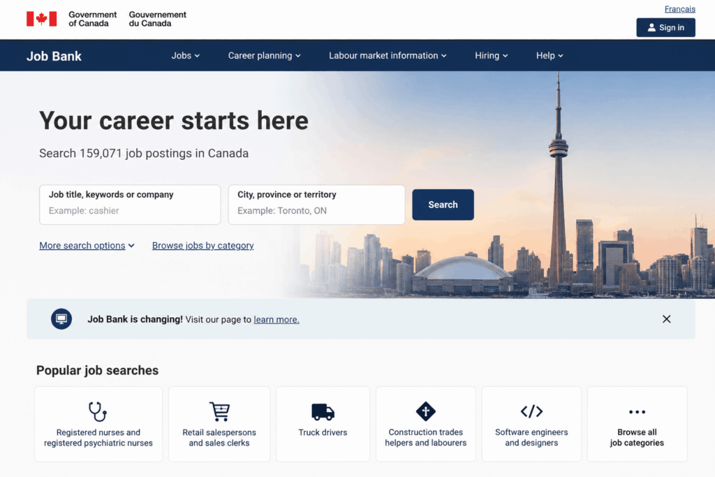 Job Bank Canada موقع البحث عن العمل في كندا 2026 للشباب العرب
