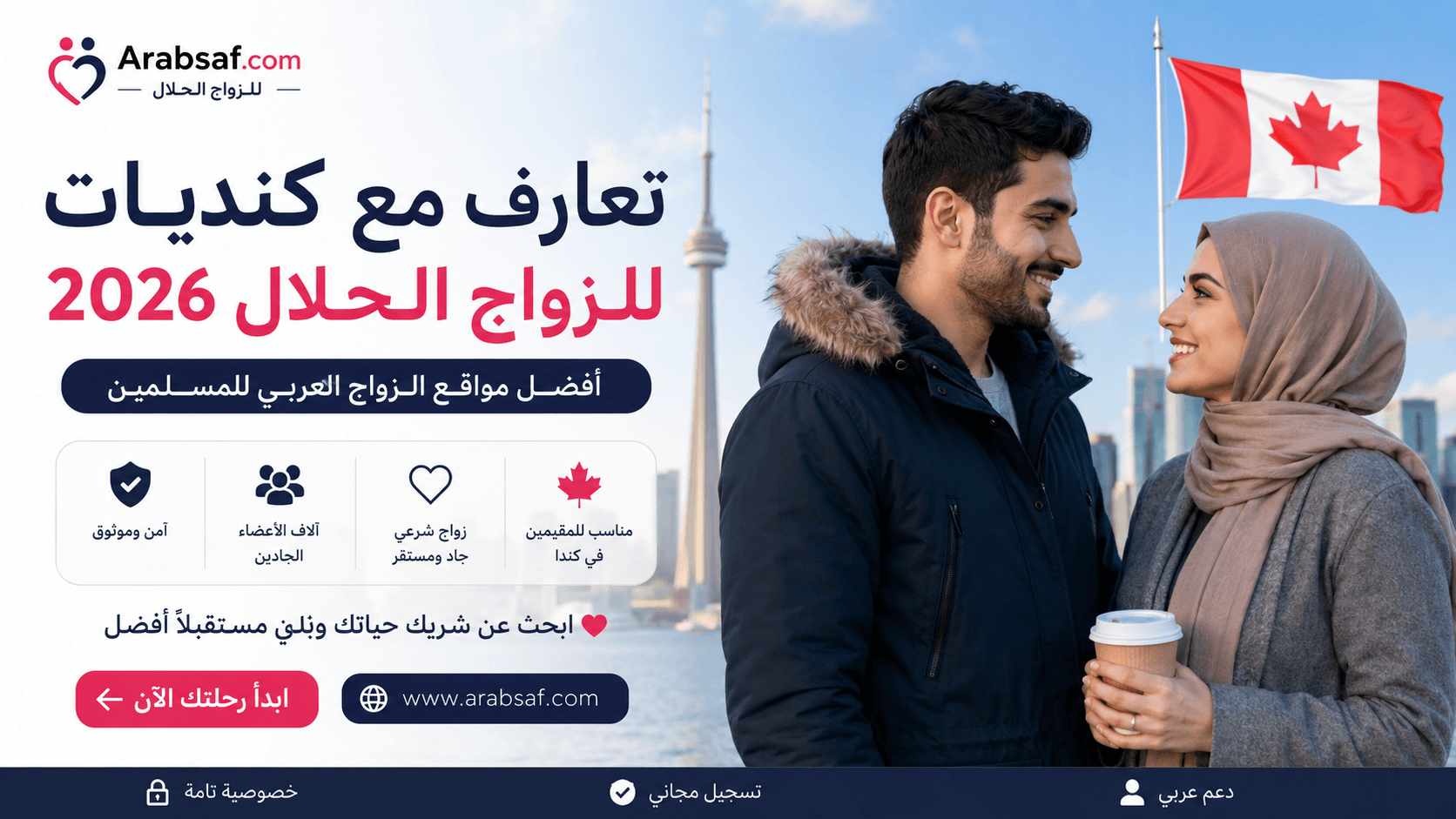 تعارف مع كنديات للزواج الحلال 2026 – أفضل مواقع الزواج العربي للمسلمين في كندا بصورة احترافية لرجل عربي وفتاة محجبة أمام علم كندا.