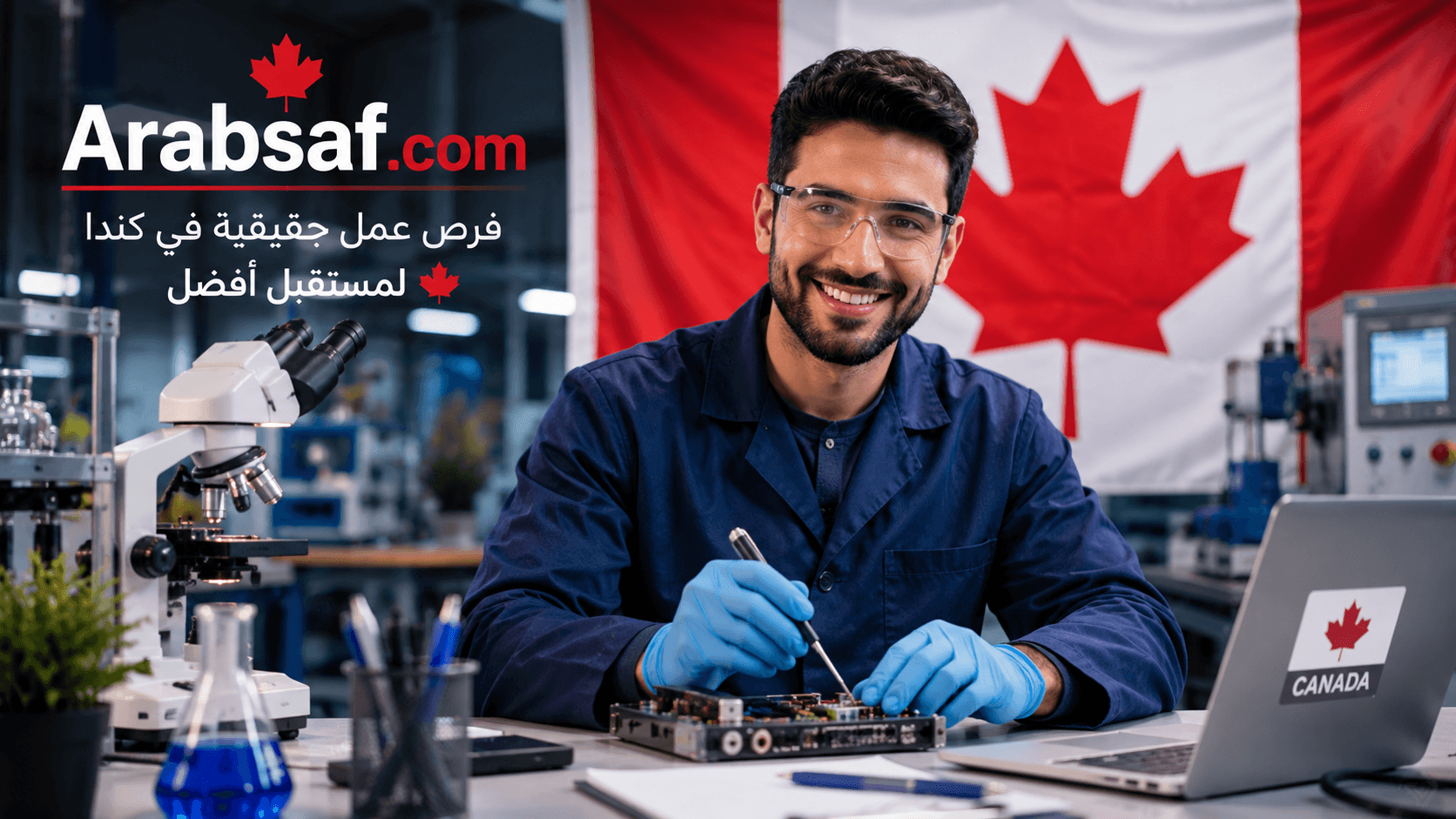 شاب عربي يعمل براحة داخل مصنع حديث في كندا مع ظهور علم كندا وشعار Arabsaf.com