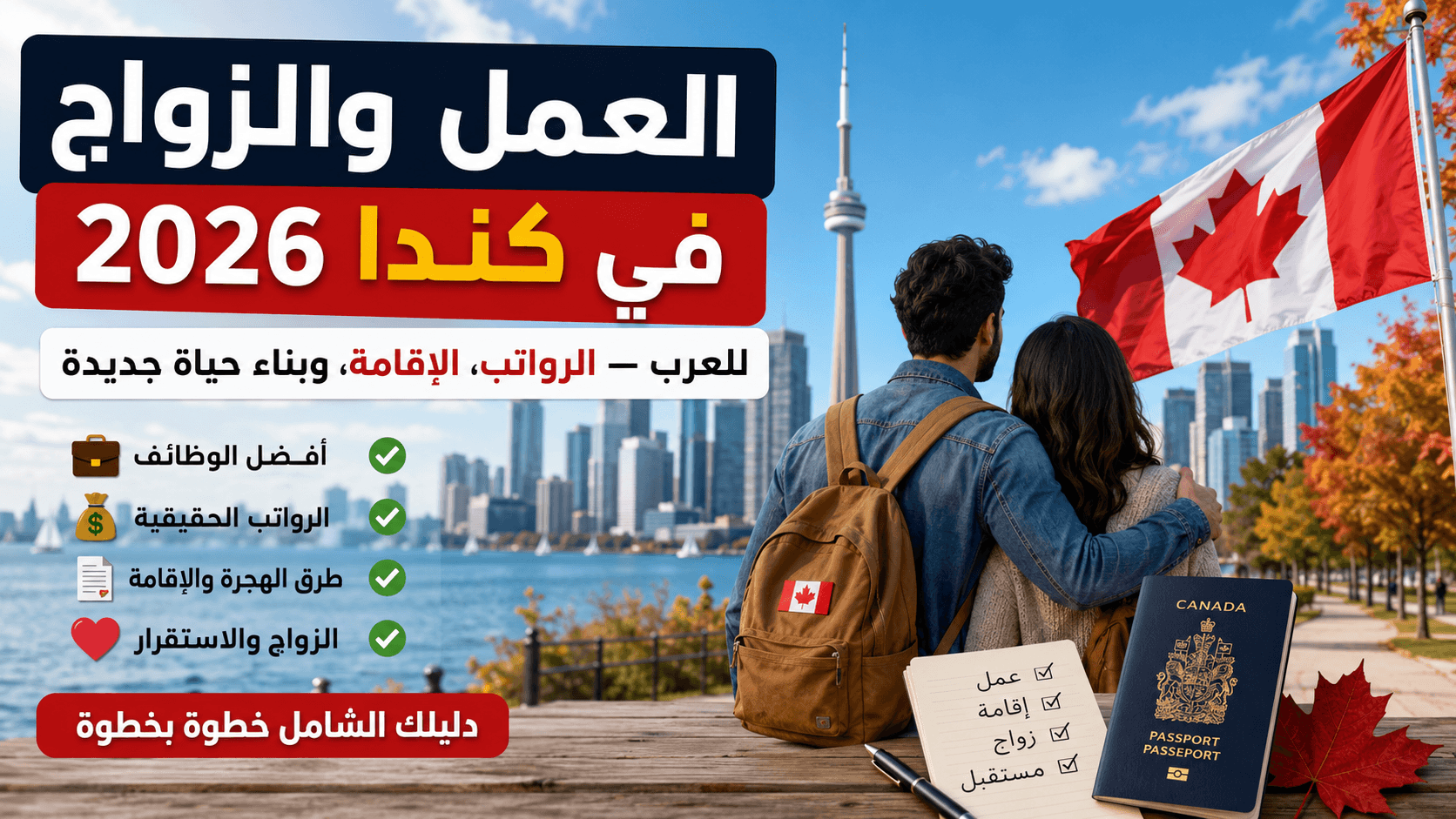 العمل والزواج في كندا 2026 للعرب مع علم كندا وخلفية مدينة تورونتو