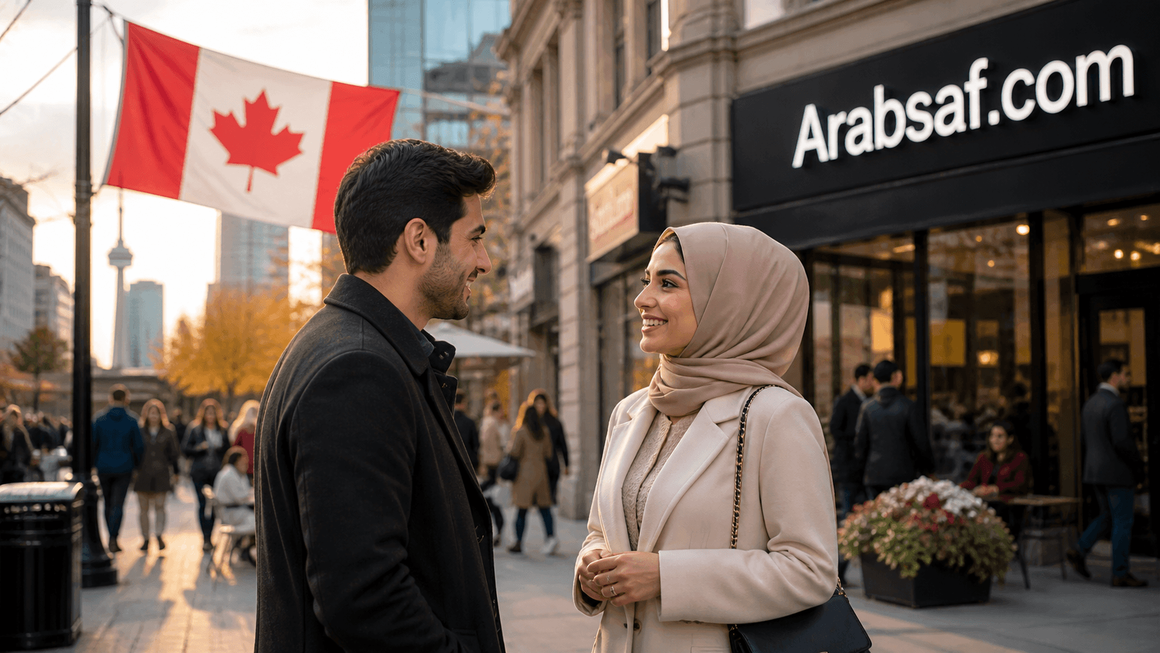 شاب وفتاة يتعارفان في كندا مع علم كندا في الخلفية تمهيدًا للزواج للمهاجرين العرب
