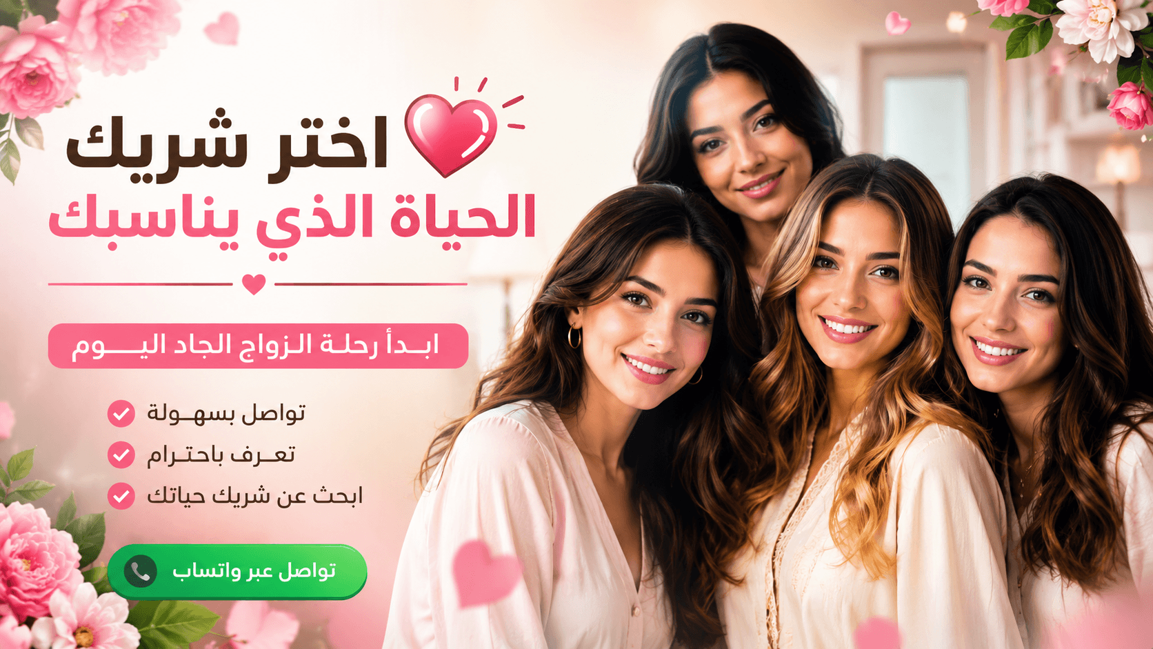 فتيات أنيقات يبتسمن في تصميم ترويجي للزواج الجاد واختيار شريك الحياة مع زر تواصل عبر واتساب