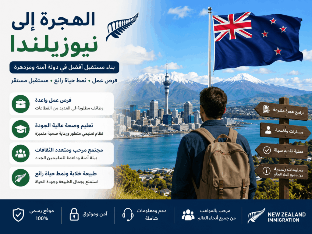 الهجرة إلى نيوزيلندا 2026 — فرص العمل والإقامة عبر الموقع الرسمي